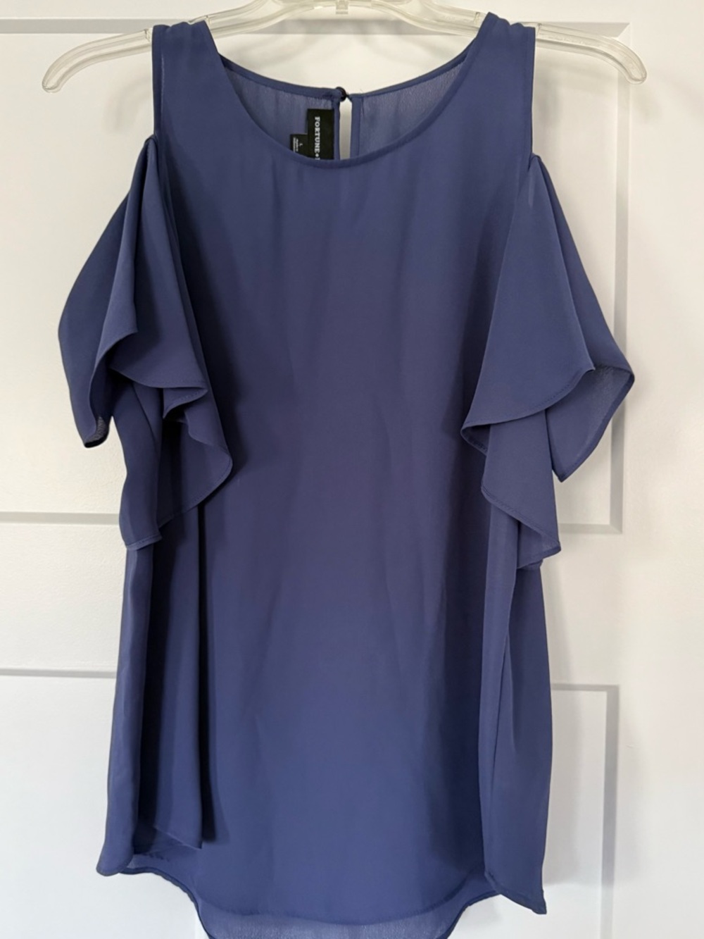 Fortune + Ivy Cold-Shoulder Ruffle Blouse in Dusty Blue